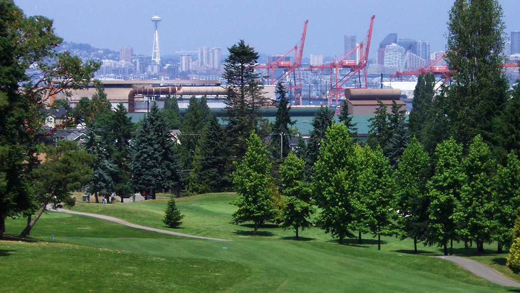 Fairway view with Seattle skyline in distance